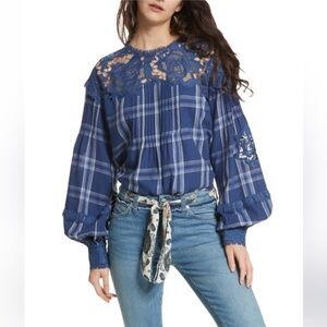 Free People Darling Diane Plaid Balloon Sleeve Lace Top Blue Size M